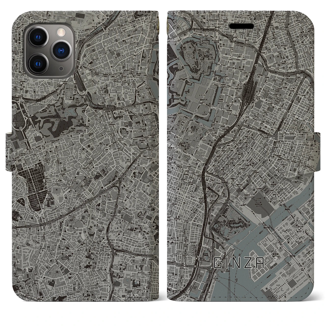 【銀座】地図柄iPhoneケース（手帳両面タイプ・モノトーン）iPhone 11 Pro Max 用