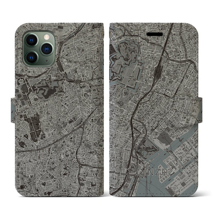 【銀座（東京都）】地図柄iPhoneケース（手帳タイプ）モノトーン・iPhone 11 Pro 用