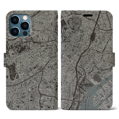 【銀座（東京都）】地図柄iPhoneケース（手帳タイプ）モノトーン・iPhone 12 / 12 Pro 用