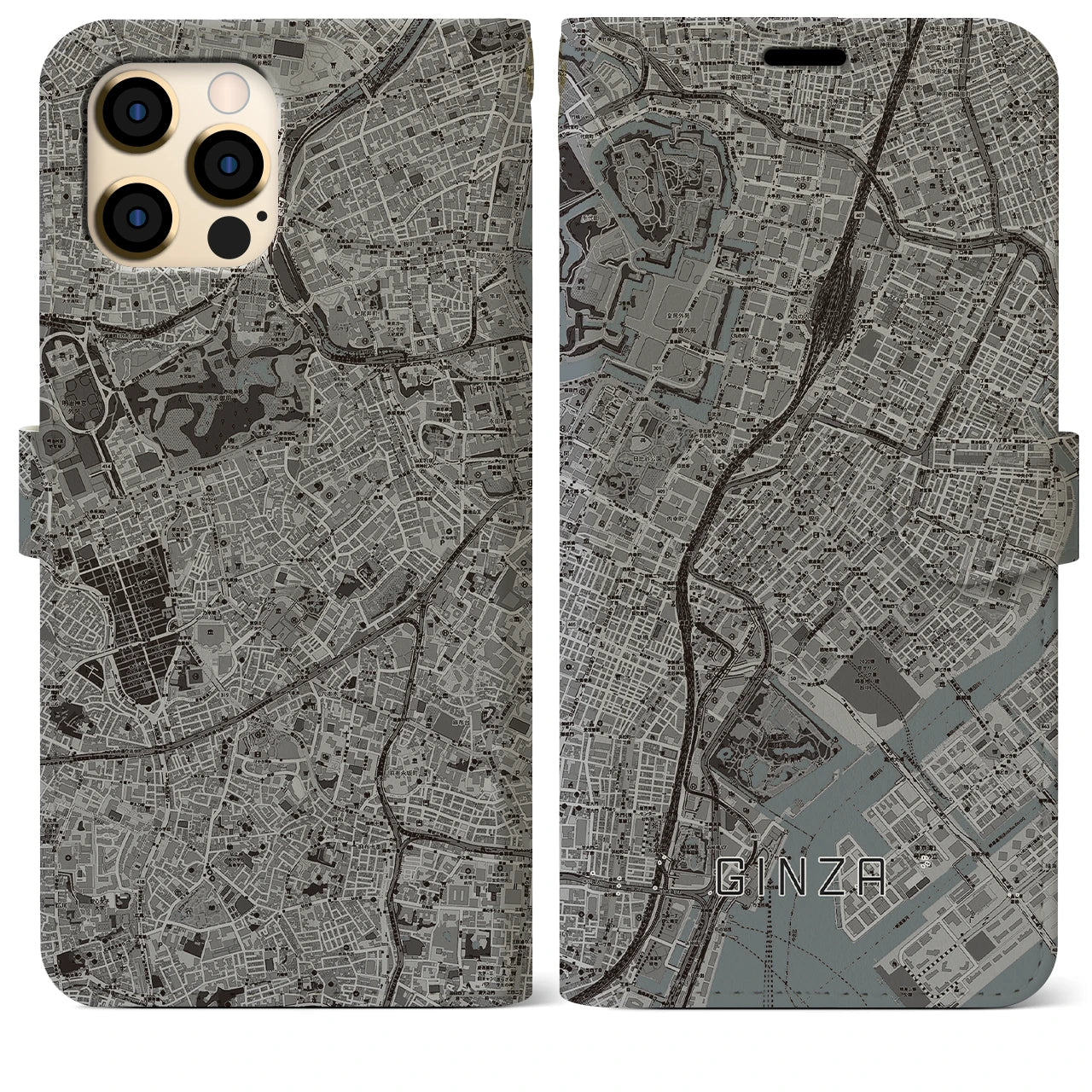 【銀座】地図柄iPhoneケース（手帳両面タイプ・モノトーン）iPhone 12 Pro Max 用