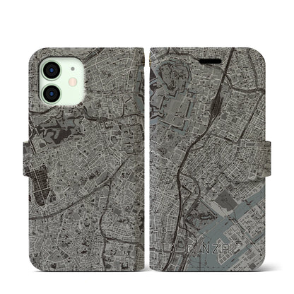 【銀座（東京都）】地図柄iPhoneケース（手帳タイプ）モノトーン・iPhone 12 mini 用