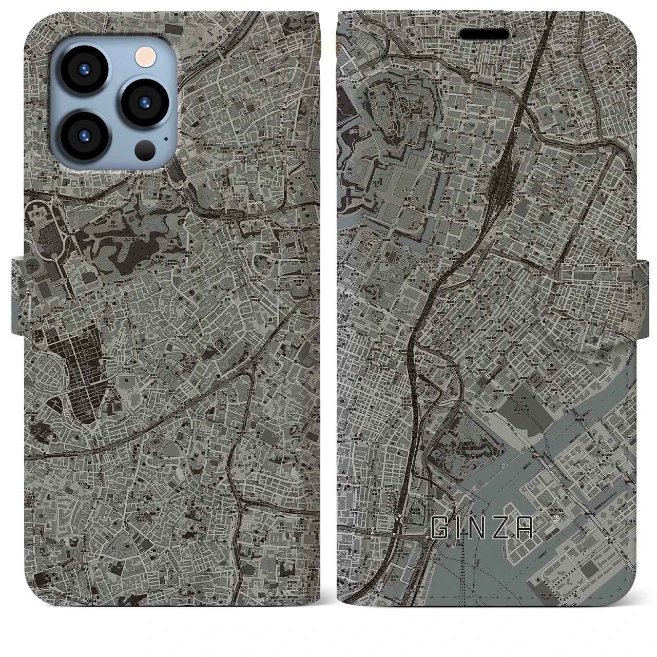 【銀座】地図柄iPhoneケース（手帳両面タイプ・モノトーン）iPhone 13 Pro Max 用