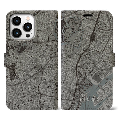 【銀座（東京都）】地図柄iPhoneケース（手帳タイプ）モノトーン・iPhone 13 Pro 用