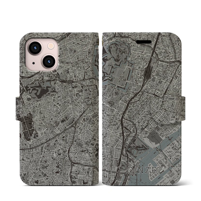 【銀座（東京都）】地図柄iPhoneケース（手帳タイプ）モノトーン・iPhone 13 mini 用