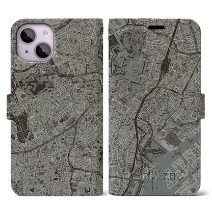 【銀座（東京都）】地図柄iPhoneケース（手帳タイプ）モノトーン・iPhone 14 用