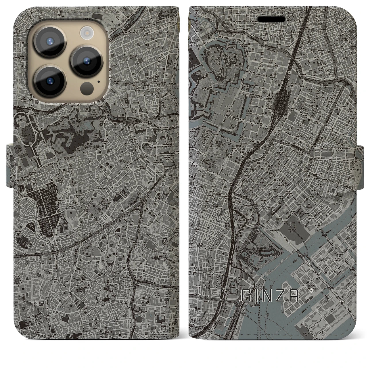 【銀座】地図柄iPhoneケース（手帳両面タイプ・モノトーン）iPhone 14 Pro Max 用