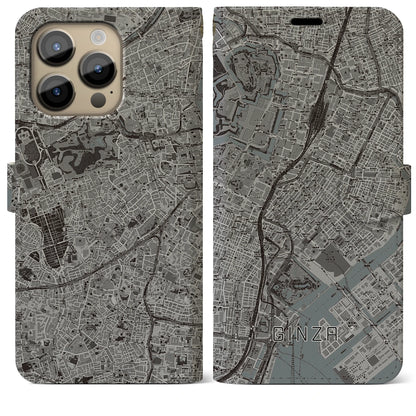 【銀座（東京都）】地図柄iPhoneケース（手帳タイプ）モノトーン・iPhone 14 Pro Max 用