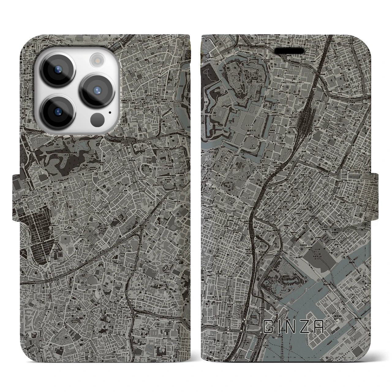 【銀座】地図柄iPhoneケース（手帳両面タイプ・モノトーン）iPhone 14 Pro 用