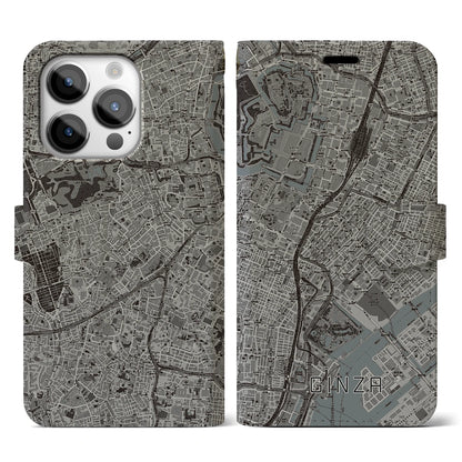 【銀座（東京都）】地図柄iPhoneケース（手帳タイプ）モノトーン・iPhone 14 Pro 用