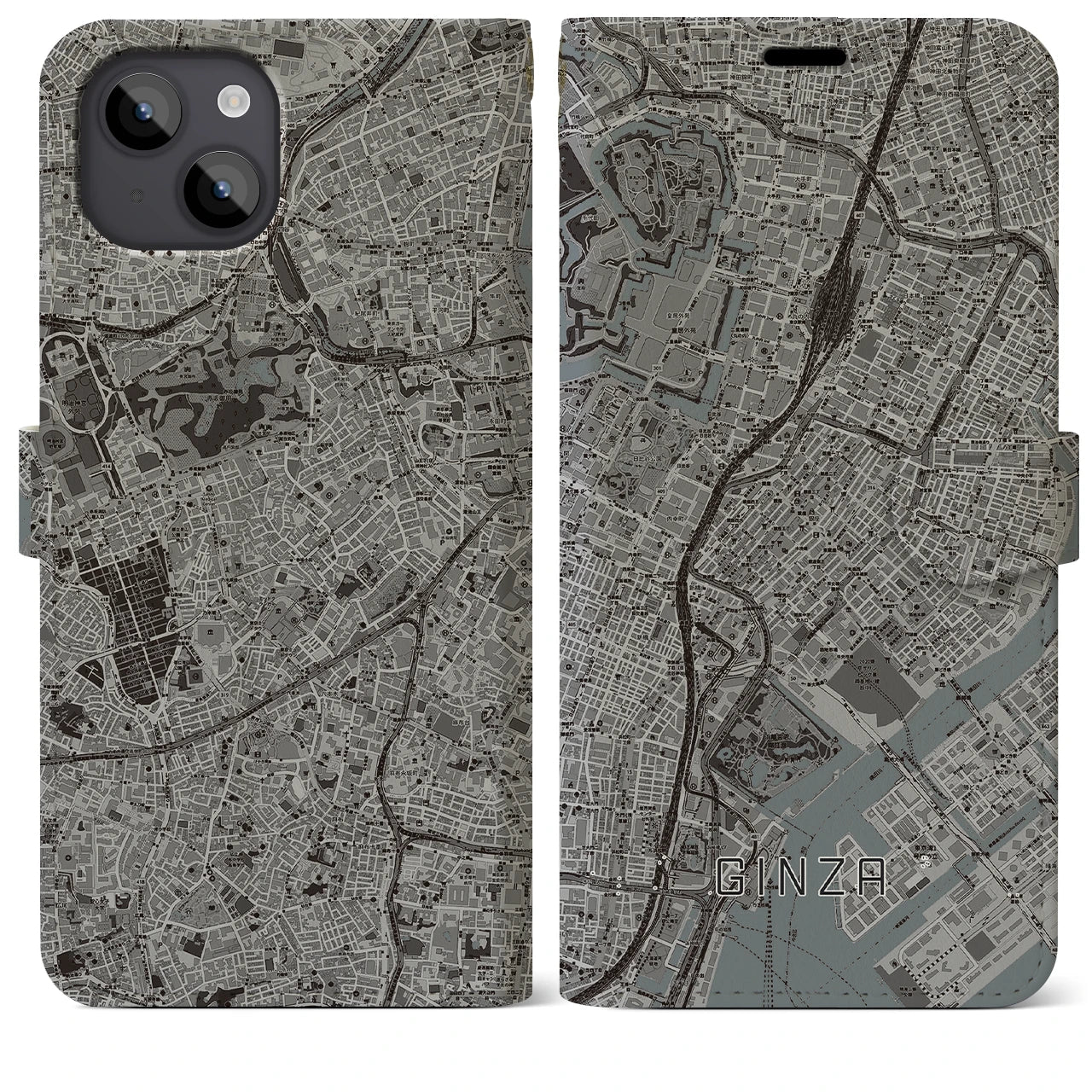 【銀座】地図柄iPhoneケース（手帳両面タイプ・モノトーン）iPhone 14 Plus 用