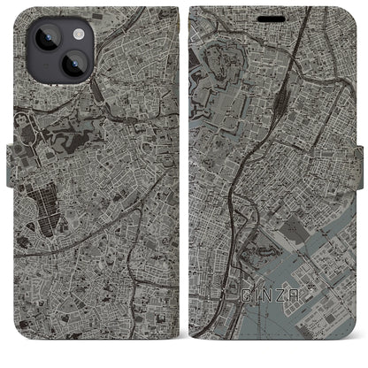 【銀座（東京都）】地図柄iPhoneケース（手帳タイプ）モノトーン・iPhone 14 Plus 用