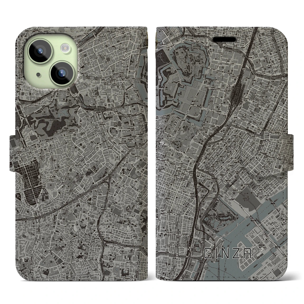 【銀座】地図柄iPhoneケース（手帳両面タイプ・モノトーン）iPhone 15 用