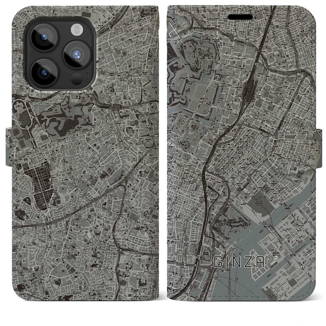 【銀座】地図柄iPhoneケース（手帳両面タイプ・モノトーン）iPhone 15 Pro Max 用