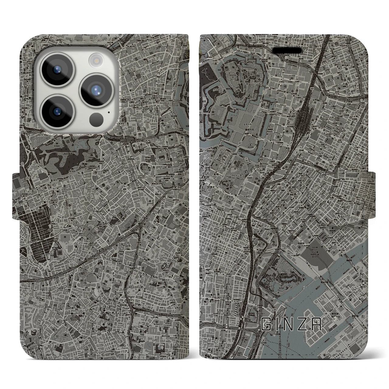 【銀座】地図柄iPhoneケース（手帳両面タイプ・モノトーン）iPhone 15 Pro 用
