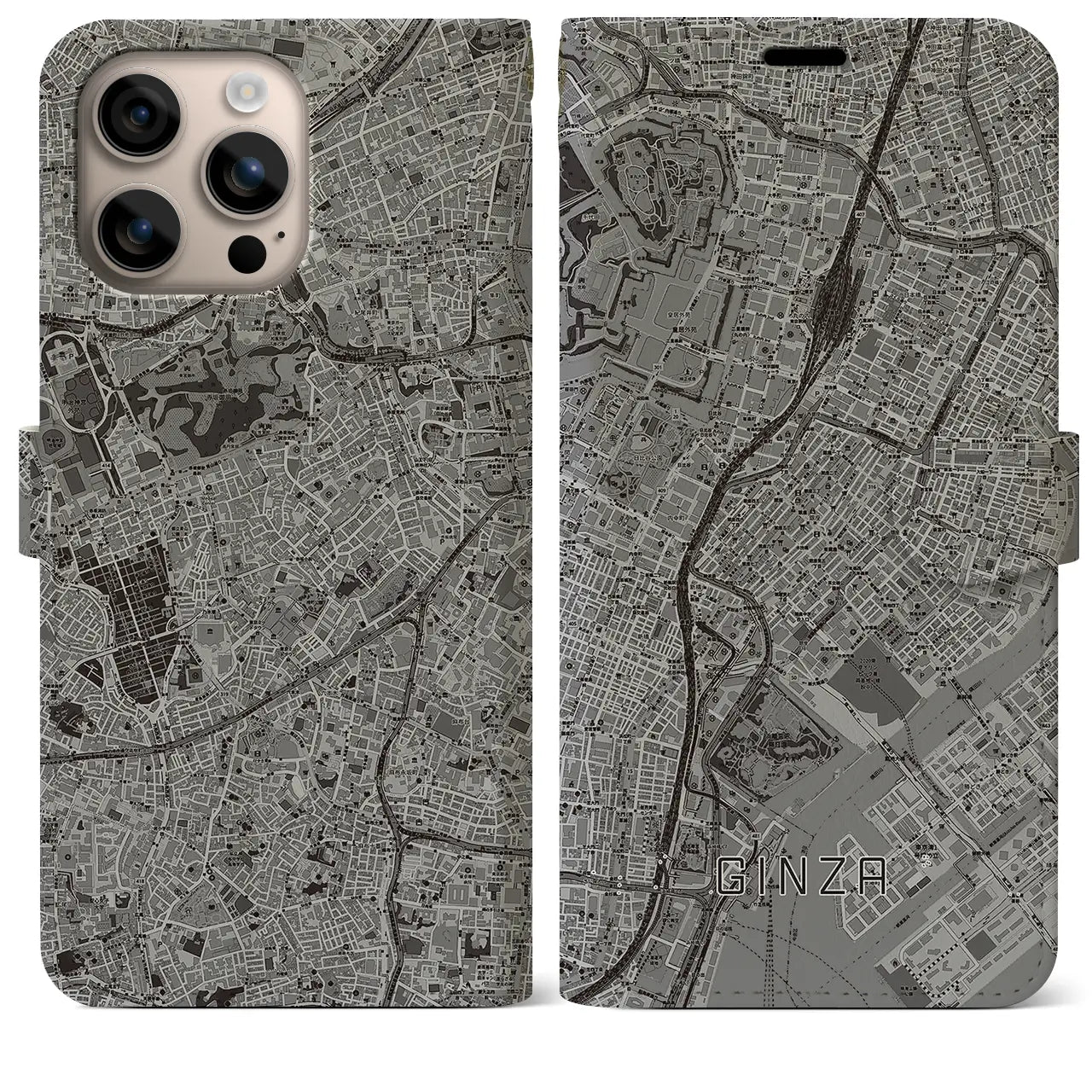 【銀座（東京都）】地図柄iPhoneケース（手帳タイプ）モノトーン・iPhone 16 Plus 用