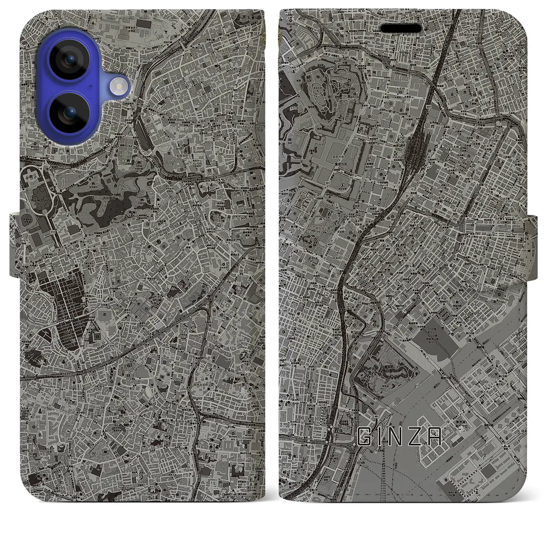 【銀座(東京都)】地図柄iPhoneケース(手帳タイプ)モノトーン・iPhone 16 Pro Max 用