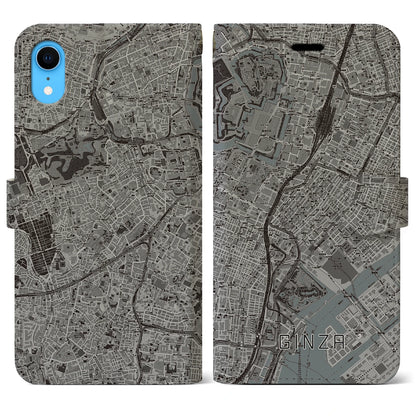 【銀座（東京都）】地図柄iPhoneケース（手帳タイプ）モノトーン・iPhone XR 用