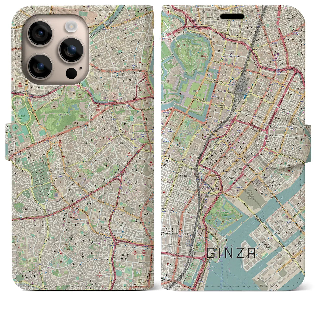 【銀座（東京都）】地図柄iPhoneケース（手帳タイプ）ナチュラル・iPhone 16 Plus 用