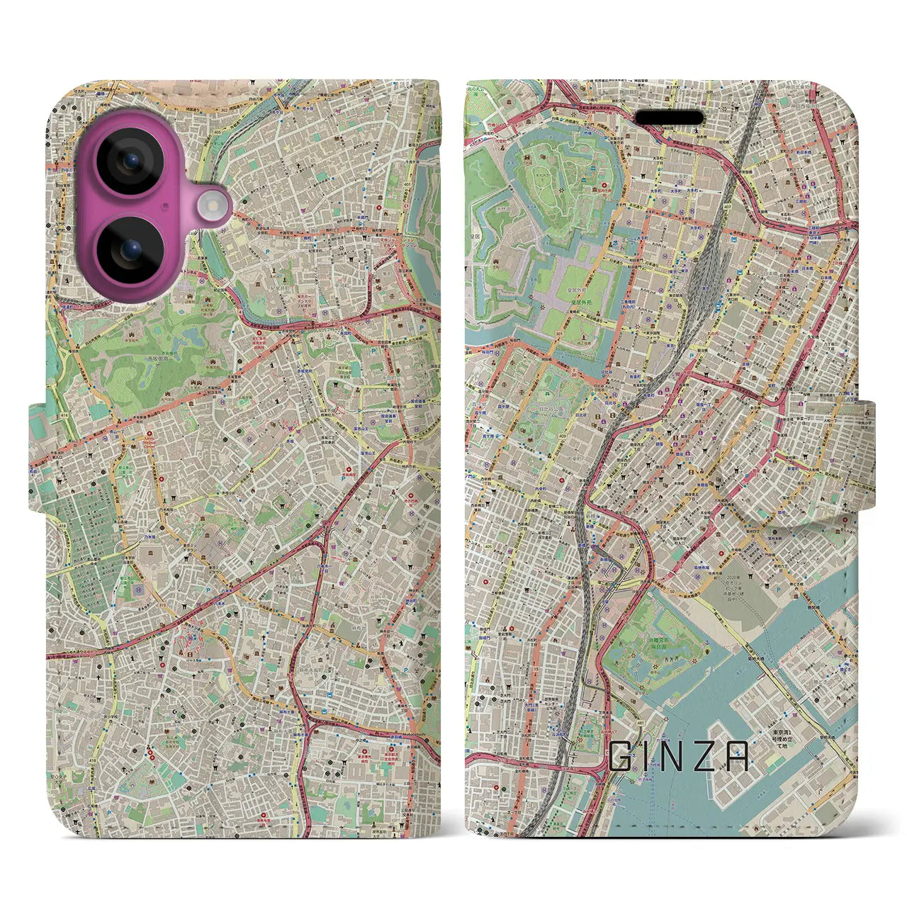 【銀座（東京都）】地図柄iPhoneケース（手帳タイプ）ナチュラル・iPhone 16 Pro 用