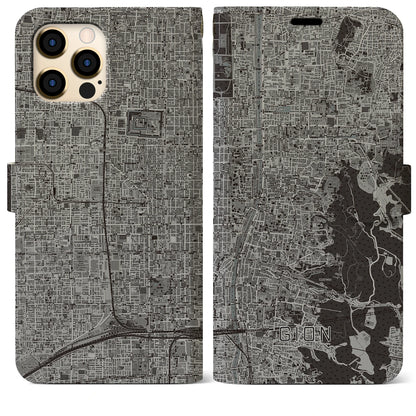 【祇園（京都府）】地図柄iPhoneケース（手帳タイプ）モノトーン・iPhone 12 Pro Max 用