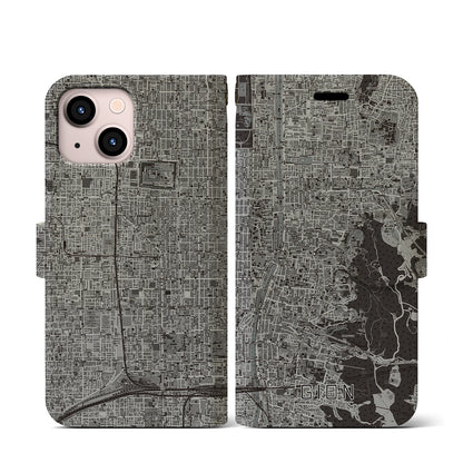 【祇園（京都府）】地図柄iPhoneケース（手帳タイプ）モノトーン・iPhone 13 mini 用