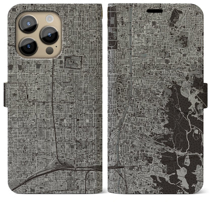 【祇園（京都府）】地図柄iPhoneケース（手帳タイプ）モノトーン・iPhone 14 Pro Max 用