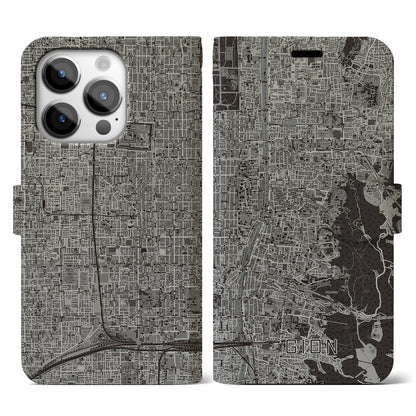 【祇園（京都府）】地図柄iPhoneケース（手帳タイプ）モノトーン・iPhone 14 Pro 用