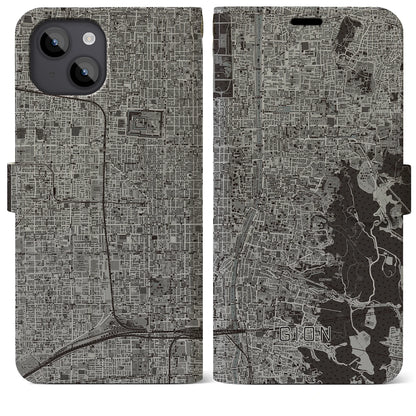 【祇園（京都府）】地図柄iPhoneケース（手帳タイプ）モノトーン・iPhone 14 Plus 用