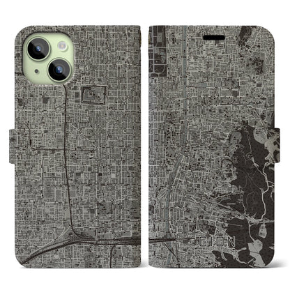 【祇園（京都府）】地図柄iPhoneケース（手帳タイプ）モノトーン・iPhone 15 用