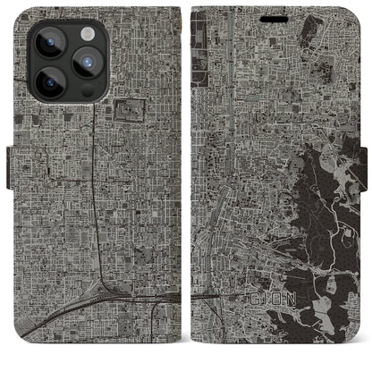 【祇園（京都府）】地図柄iPhoneケース（手帳タイプ）モノトーン・iPhone 15 Pro Max 用