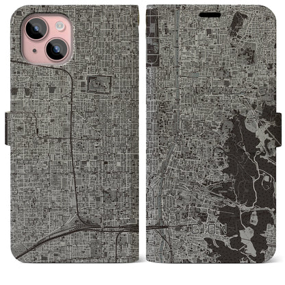 【祇園（京都府）】地図柄iPhoneケース（手帳タイプ）モノトーン・iPhone 15 Plus 用