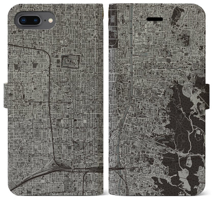 【祇園（京都府）】地図柄iPhoneケース（手帳タイプ）モノトーン・iPhone 8Plus /7Plus / 6sPlus / 6Plus 用