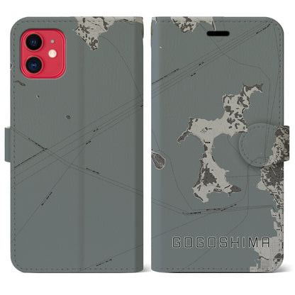 【興居島（愛媛県）】地図柄iPhoneケース（手帳タイプ）モノトーン・iPhone 11 用