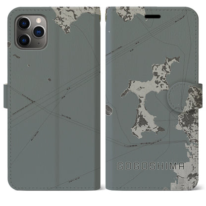 【興居島（愛媛県）】地図柄iPhoneケース（手帳タイプ）モノトーン・iPhone 11 Pro Max 用