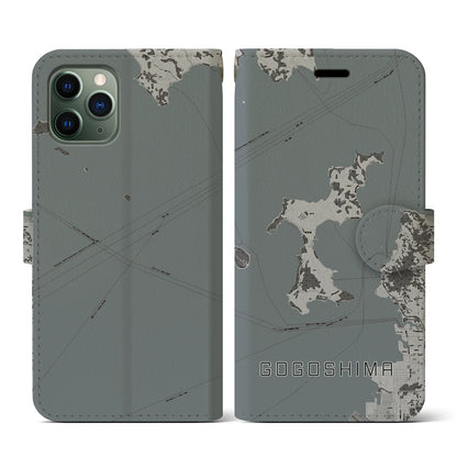 【興居島（愛媛県）】地図柄iPhoneケース（手帳タイプ）モノトーン・iPhone 11 Pro 用