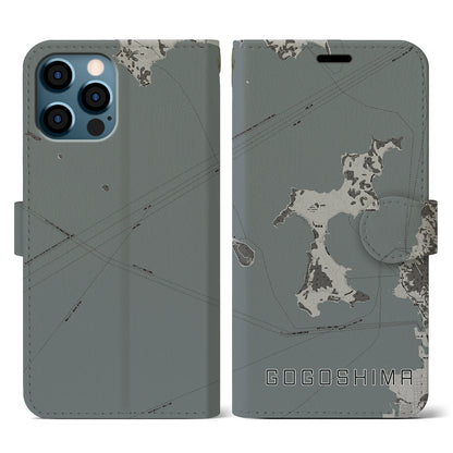 【興居島（愛媛県）】地図柄iPhoneケース（手帳タイプ）モノトーン・iPhone 12 / 12 Pro 用