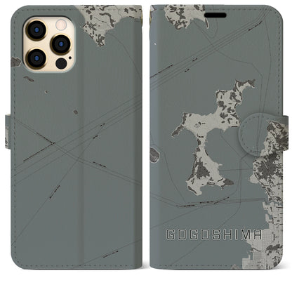 【興居島（愛媛県）】地図柄iPhoneケース（手帳タイプ）モノトーン・iPhone 12 Pro Max 用