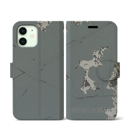 【興居島（愛媛県）】地図柄iPhoneケース（手帳タイプ）モノトーン・iPhone 12 mini 用