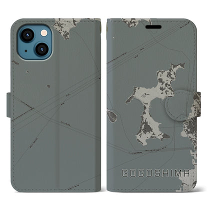 【興居島（愛媛県）】地図柄iPhoneケース（手帳タイプ）モノトーン・iPhone 13 用