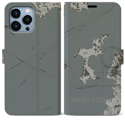 【興居島（愛媛県）】地図柄iPhoneケース（手帳タイプ）モノトーン・iPhone 13 Pro Max 用