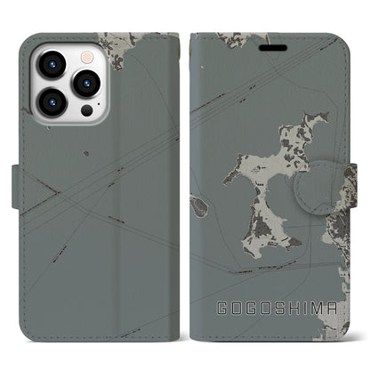 【興居島（愛媛県）】地図柄iPhoneケース（手帳タイプ）モノトーン・iPhone 13 Pro 用