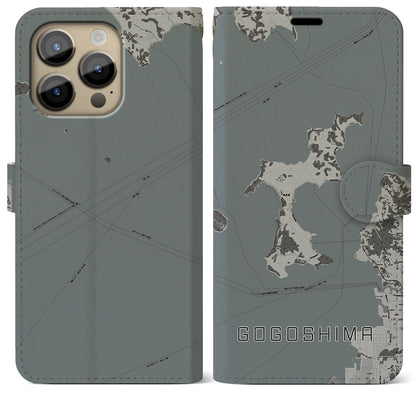 【興居島（愛媛県）】地図柄iPhoneケース（手帳タイプ）モノトーン・iPhone 14 Pro Max 用