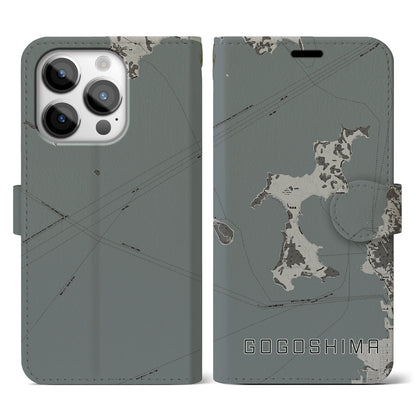【興居島（愛媛県）】地図柄iPhoneケース（手帳タイプ）モノトーン・iPhone 14 Pro 用