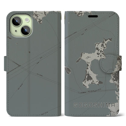 【興居島（愛媛県）】地図柄iPhoneケース（手帳タイプ）モノトーン・iPhone 15 用