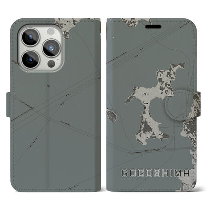 【興居島（愛媛県）】地図柄iPhoneケース（手帳タイプ）モノトーン・iPhone 15 Pro 用