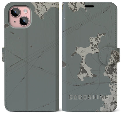 【興居島（愛媛県）】地図柄iPhoneケース（手帳タイプ）モノトーン・iPhone 15 Plus 用