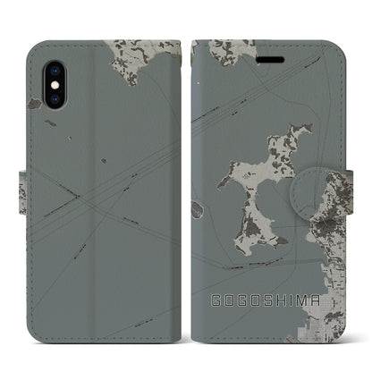 【興居島（愛媛県）】地図柄iPhoneケース（手帳タイプ）モノトーン・iPhone XS / X 用