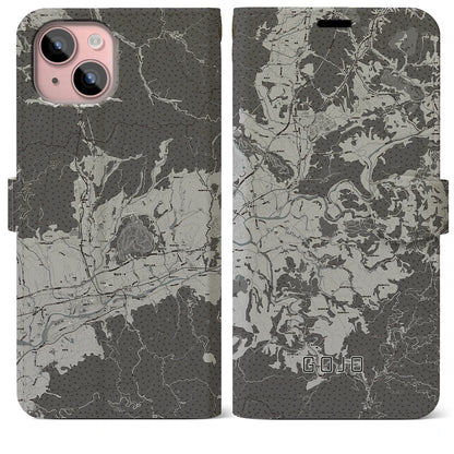 【五條（奈良県）】地図柄iPhoneケース（手帳タイプ）モノトーン・iPhone 15 Plus 用