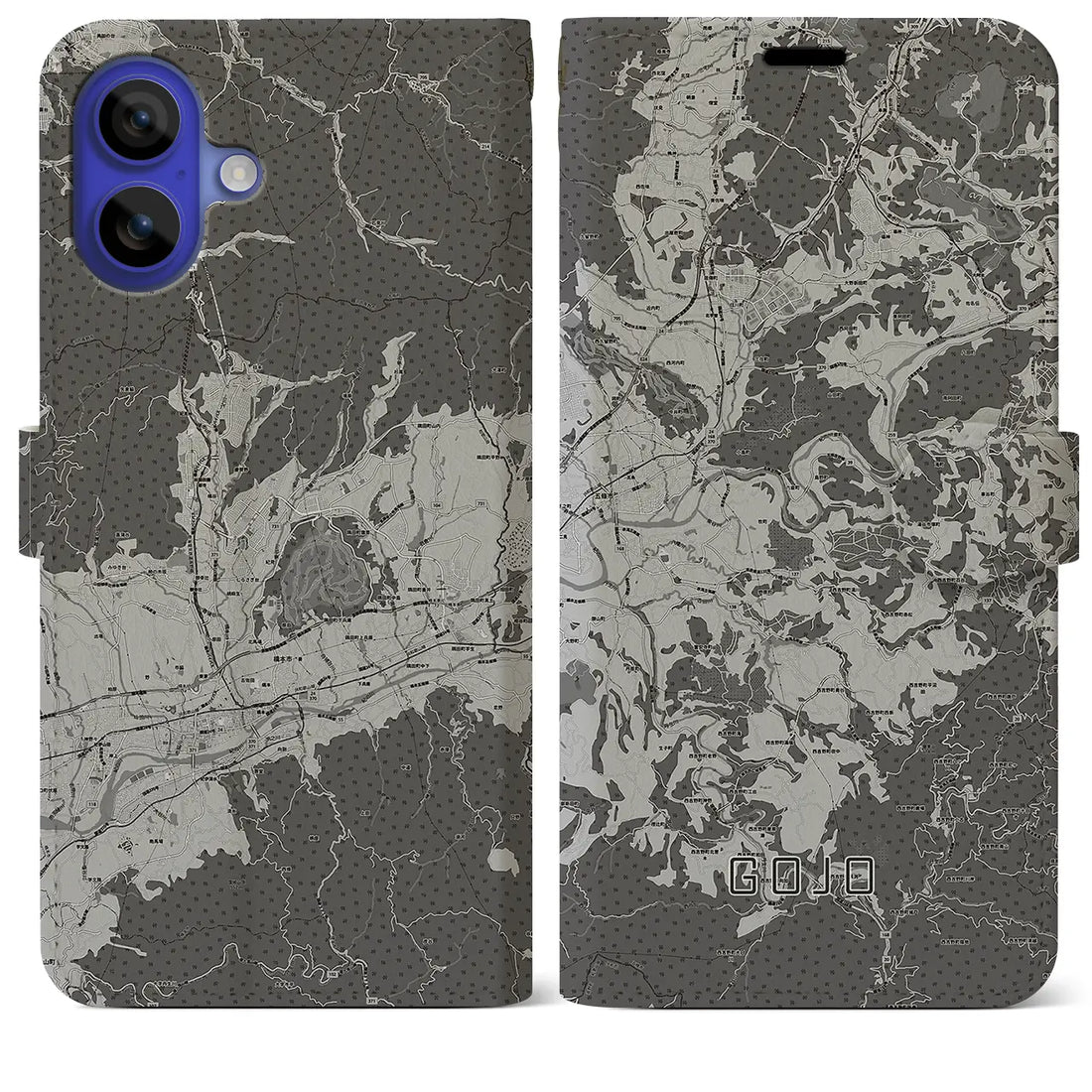 【五條(奈良県)】地図柄iPhoneケース(手帳タイプ)モノトーン・iPhone 16 Pro Max 用