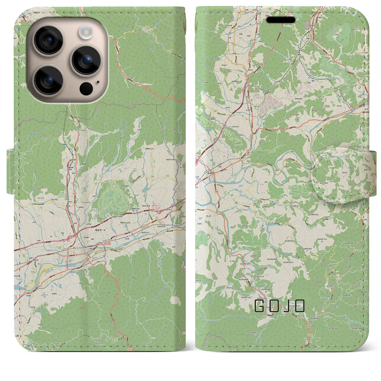 【五條（奈良県）】地図柄iPhoneケース（手帳タイプ）ナチュラル・iPhone 16 Plus 用